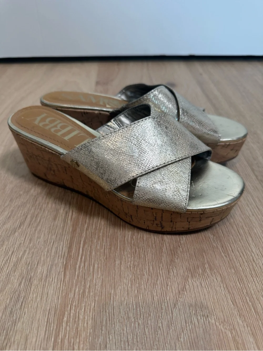 Sam & Libby Gold Metallic Cork Wedge Slide Sandals Size 6.5 Criss Cross